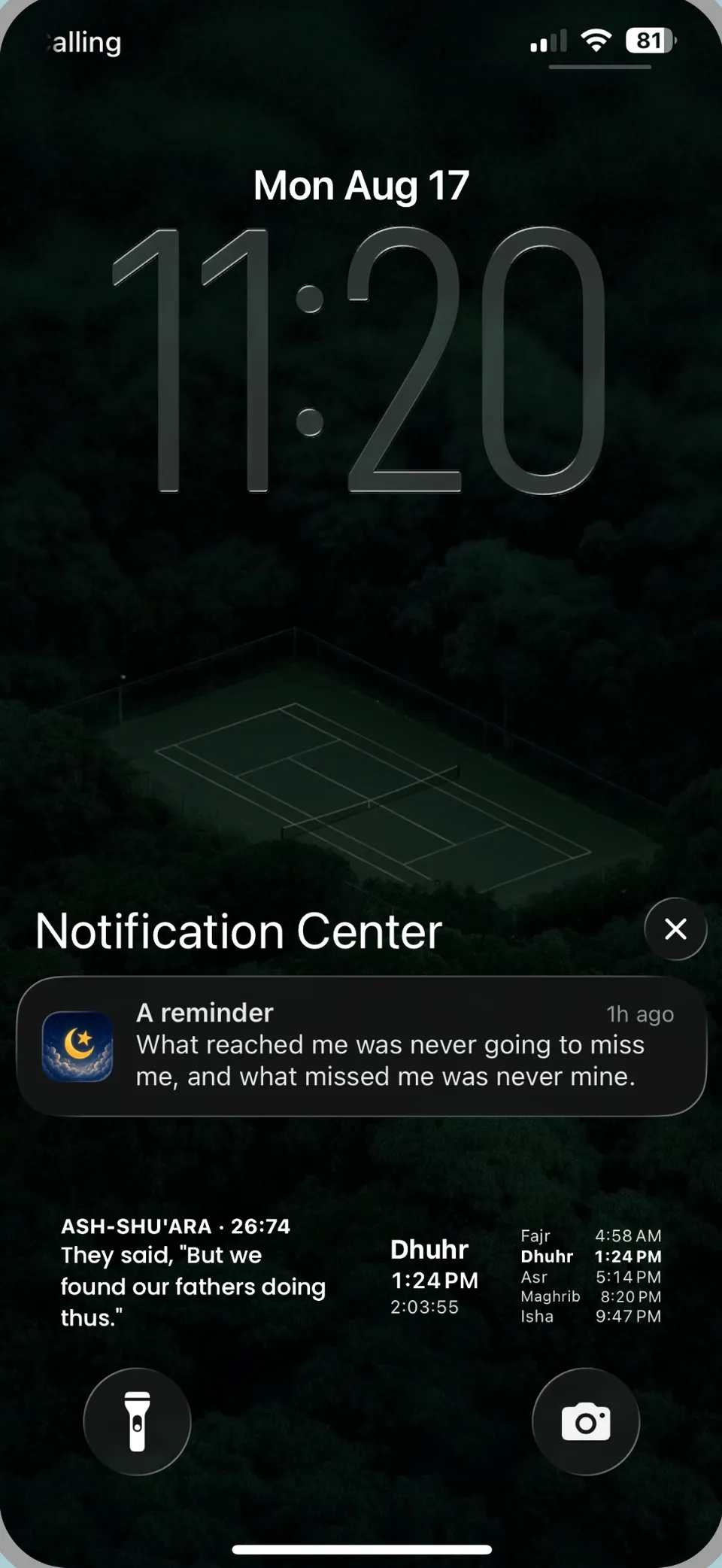 iPhone lock screen with an ayah widget, next prayer widget and a reminder notification