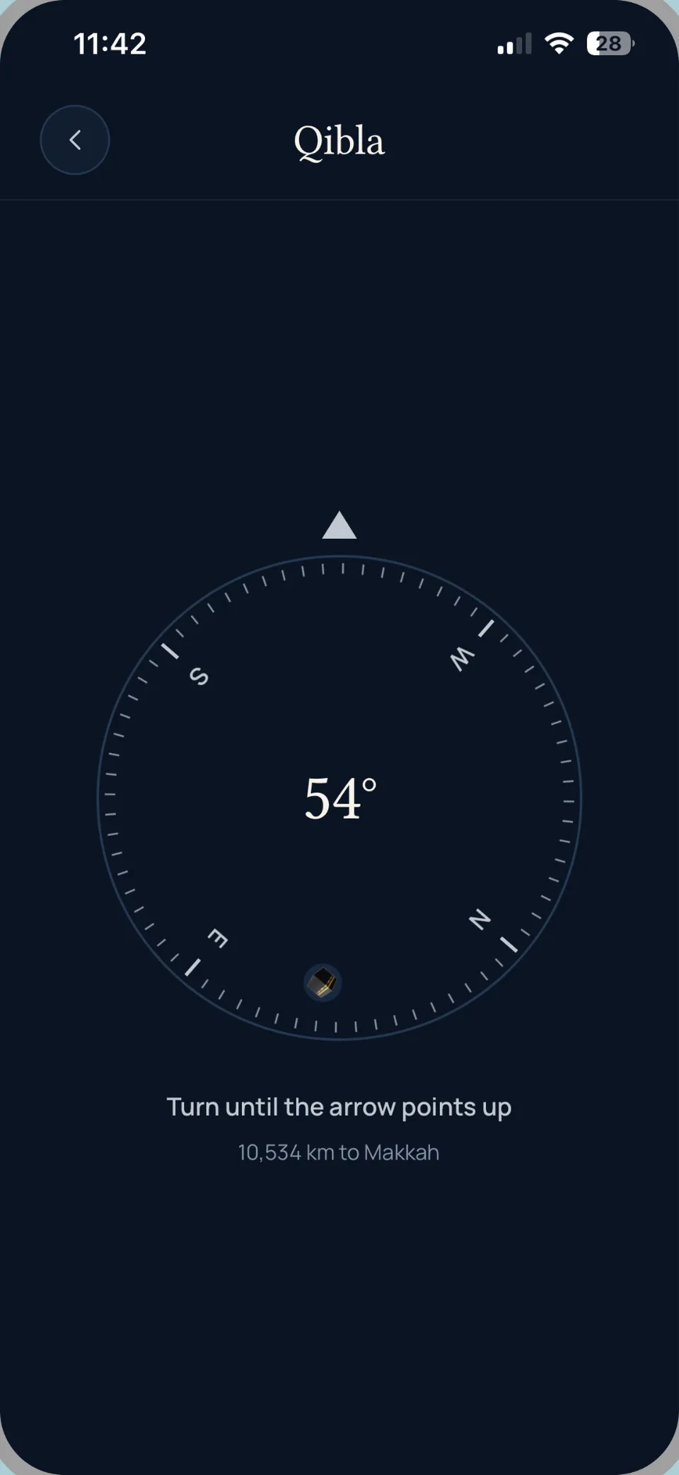 Qibla compass showing 54 degrees and 10,534 km to Makkah