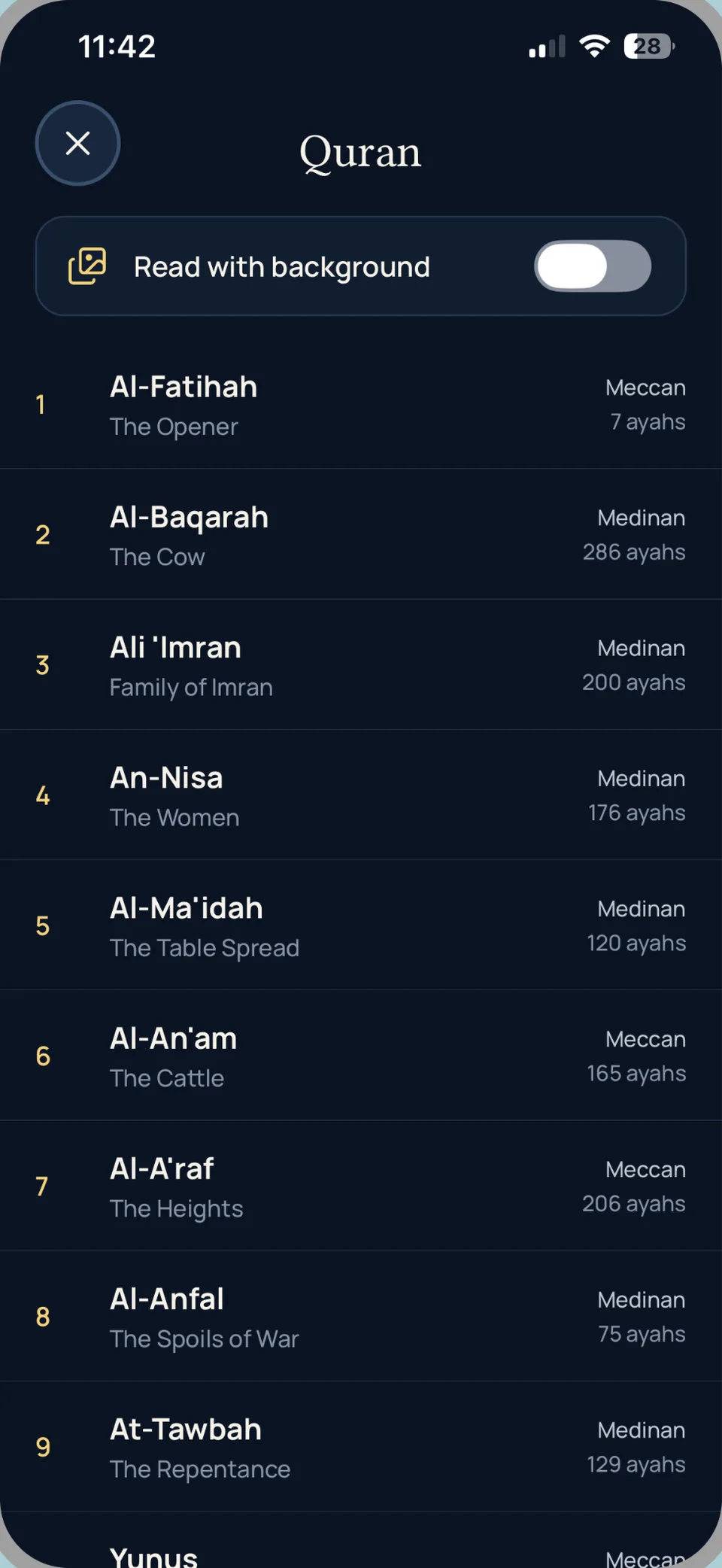 Quran surah list showing Al-Fatihah, Al-Baqarah and Ali Imran with ayah counts