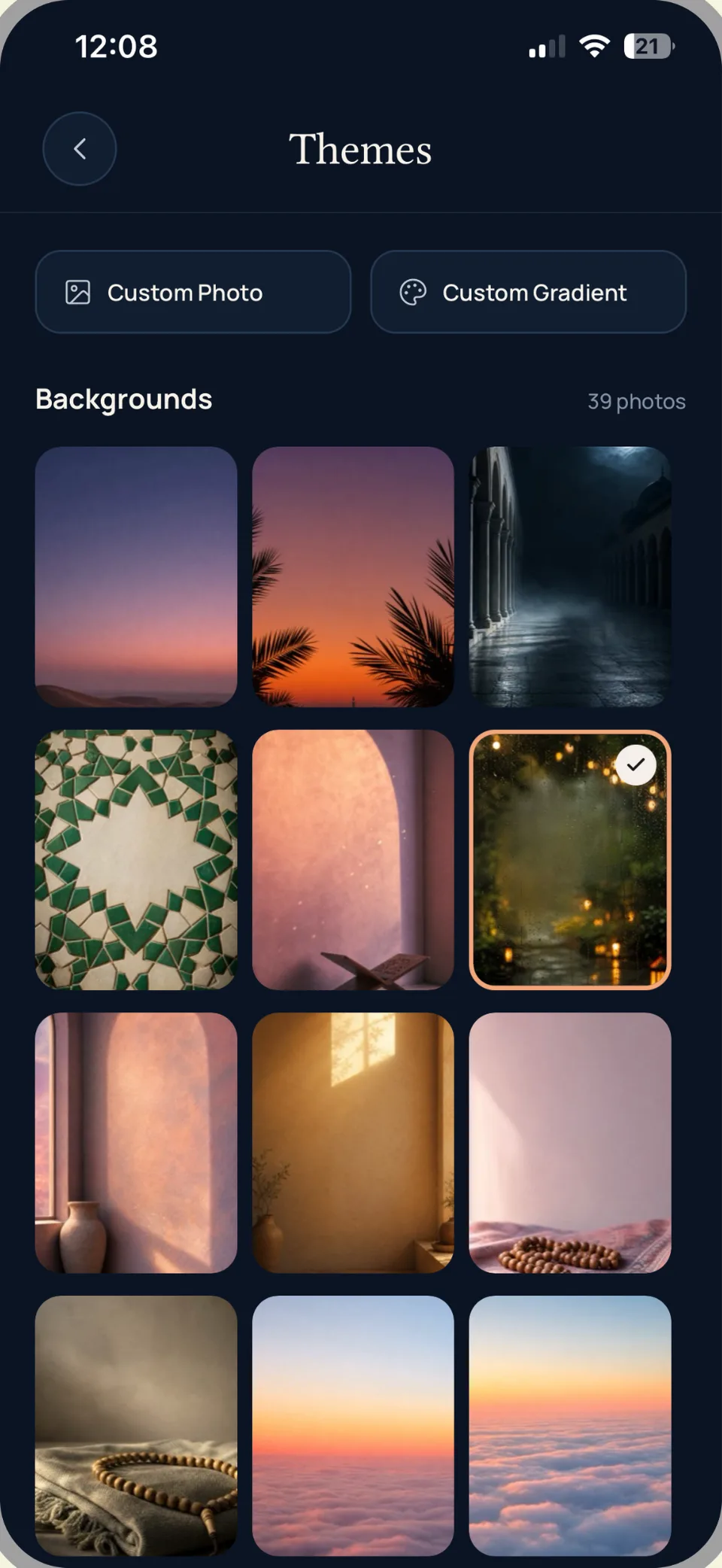 Themes screen with a grid of background photos